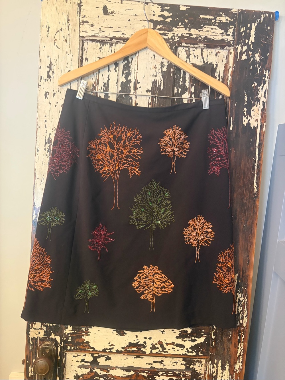 Black A-Line Skirt with Multicolor Tree Embroidery w beading. Fall autumn. 14